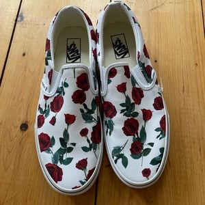 Vans Slip-On Red Roses White Skate Shoes 9